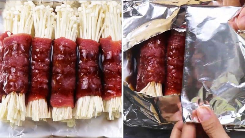 Bò cuộn nấm kim châm nướng giấy bạc