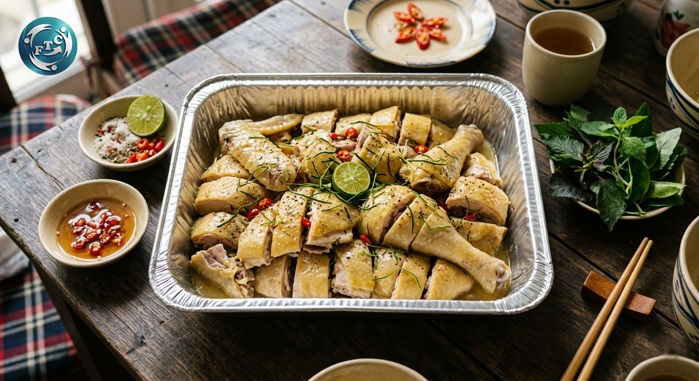 Khay giấy bạc đựng gà luộc 