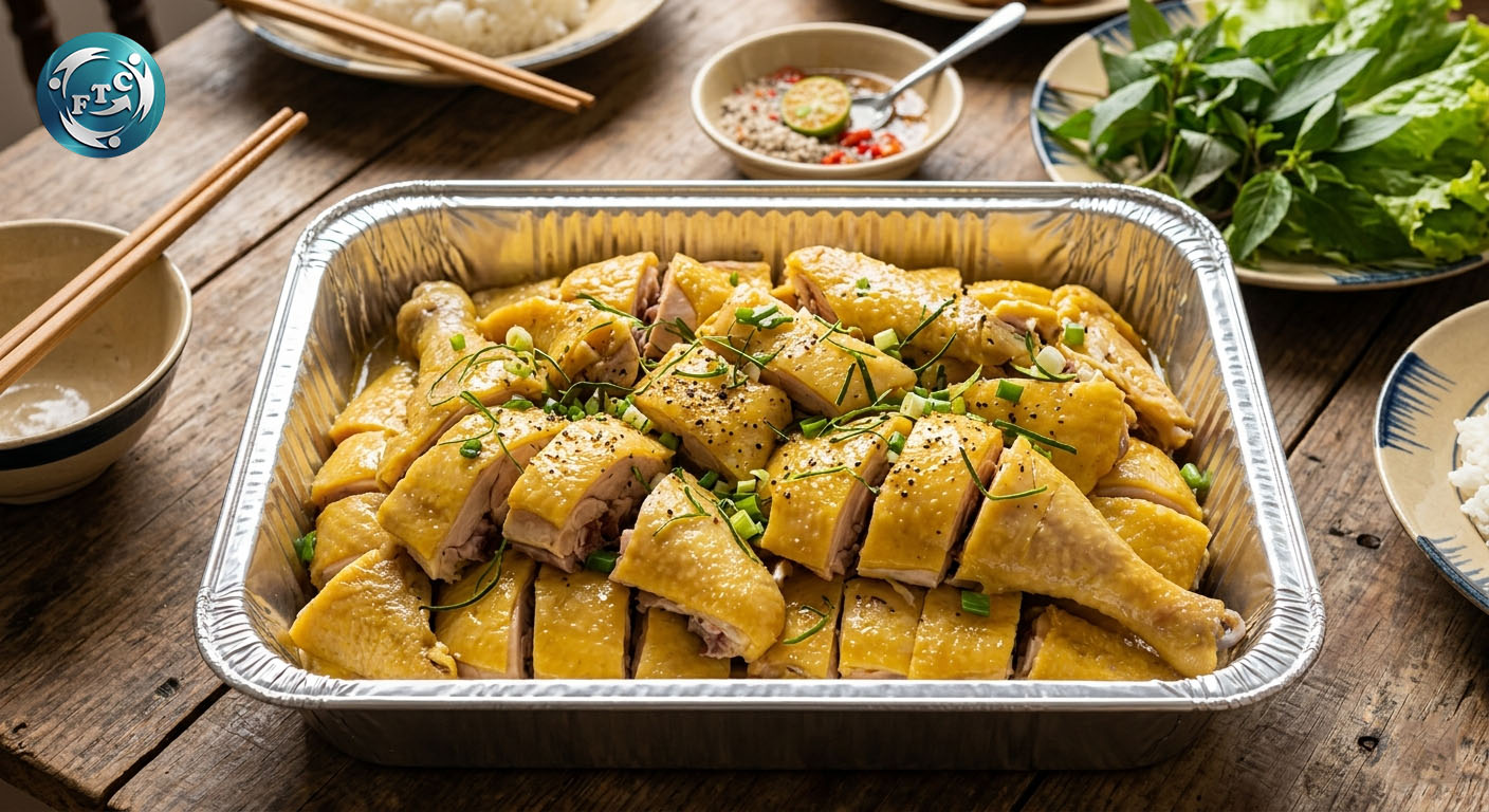 Khay giấy bạc đựng gà luộc            